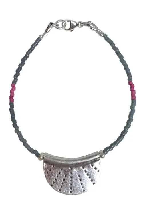 silver crescent disc with grey and pink seed bead. style this bracelet for a minimal look or a pop of colour to your bracelet stack
