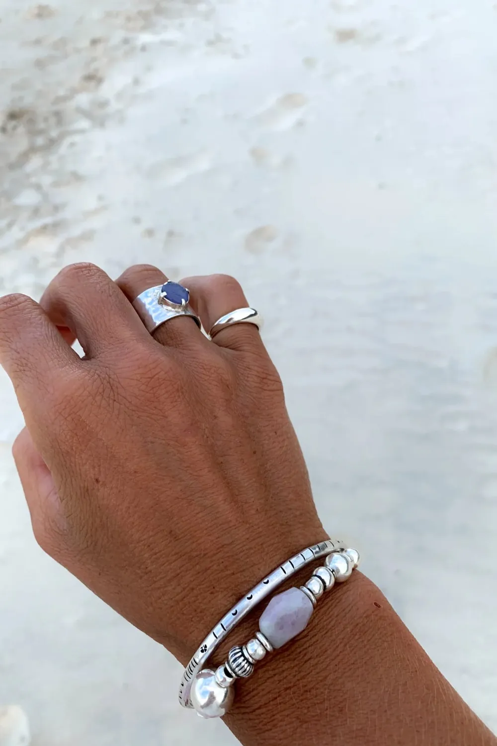 pure silver bracelet with kunzite gemstone- looks great in a bracelet stack - tug proof perfect for mums- ocean safe