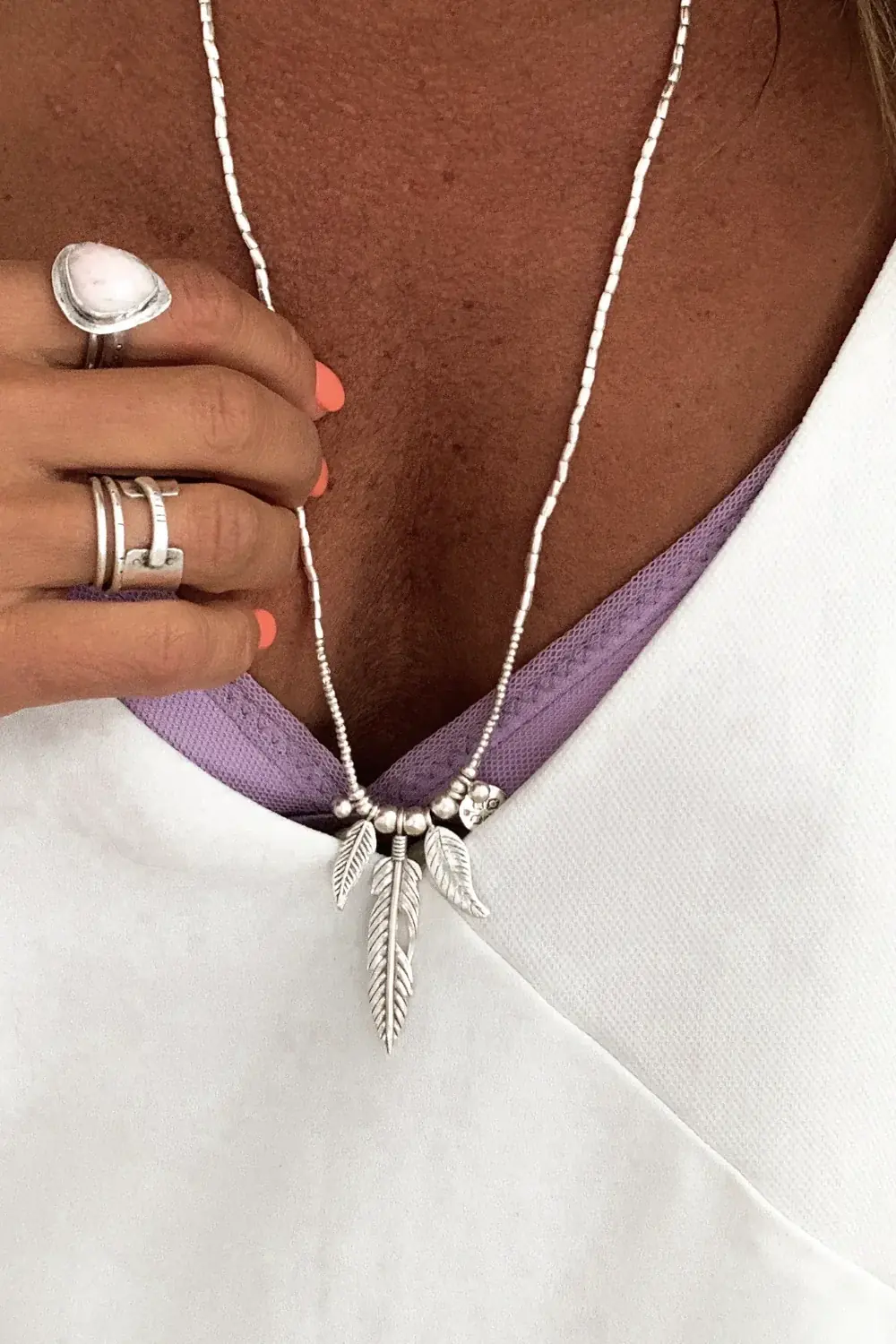 large feather pure silver long necklace handmade in australia ocean safe bohemian style.