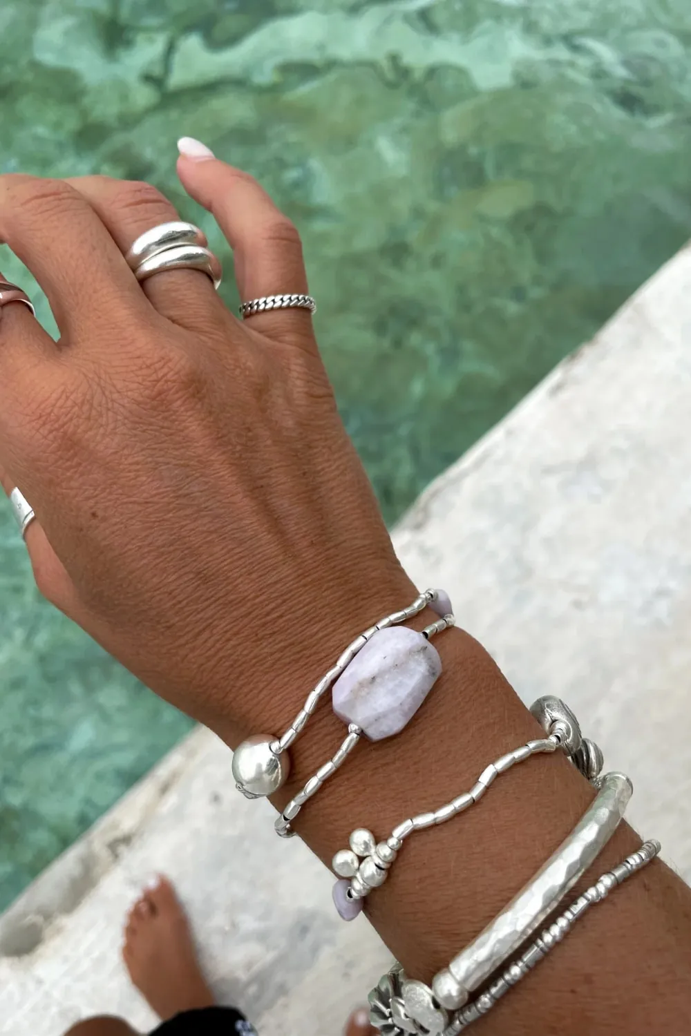 chunky kunzite gemstone pure silver wrap- 3 in 1 style bracelet, anklet, necklace-water safe