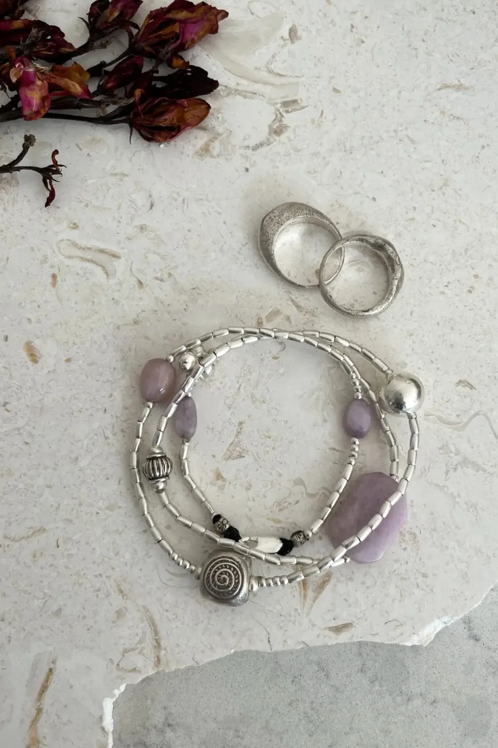 chunky kunzite gemstone pure silver wrap- 3 in 1 style bracelet, anklet, necklace-water safe
