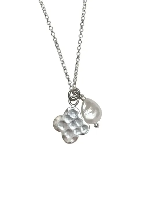 sterling silver necklace with clover pendant and freshwater pearl handmade and ocean safe
