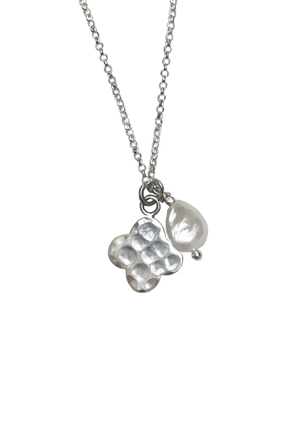 sterling silver necklace with clover pendant and freshwater pearl handmade and ocean safe