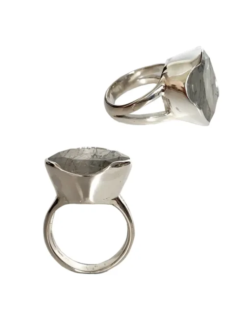 black rutilated quartz sterling silver ring. Cocktail style ring - water safe
