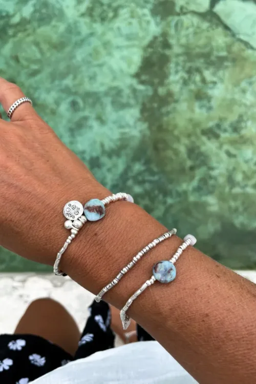 sterling silver bracelet made for summer. Larimar and kunzite gemstone - ocean safe - wear everyday
