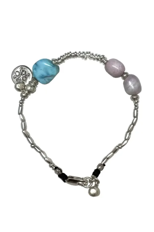 sterling silver bracelet made for summer. Larimar and kunzite gemstone - ocean safe - wear everyday