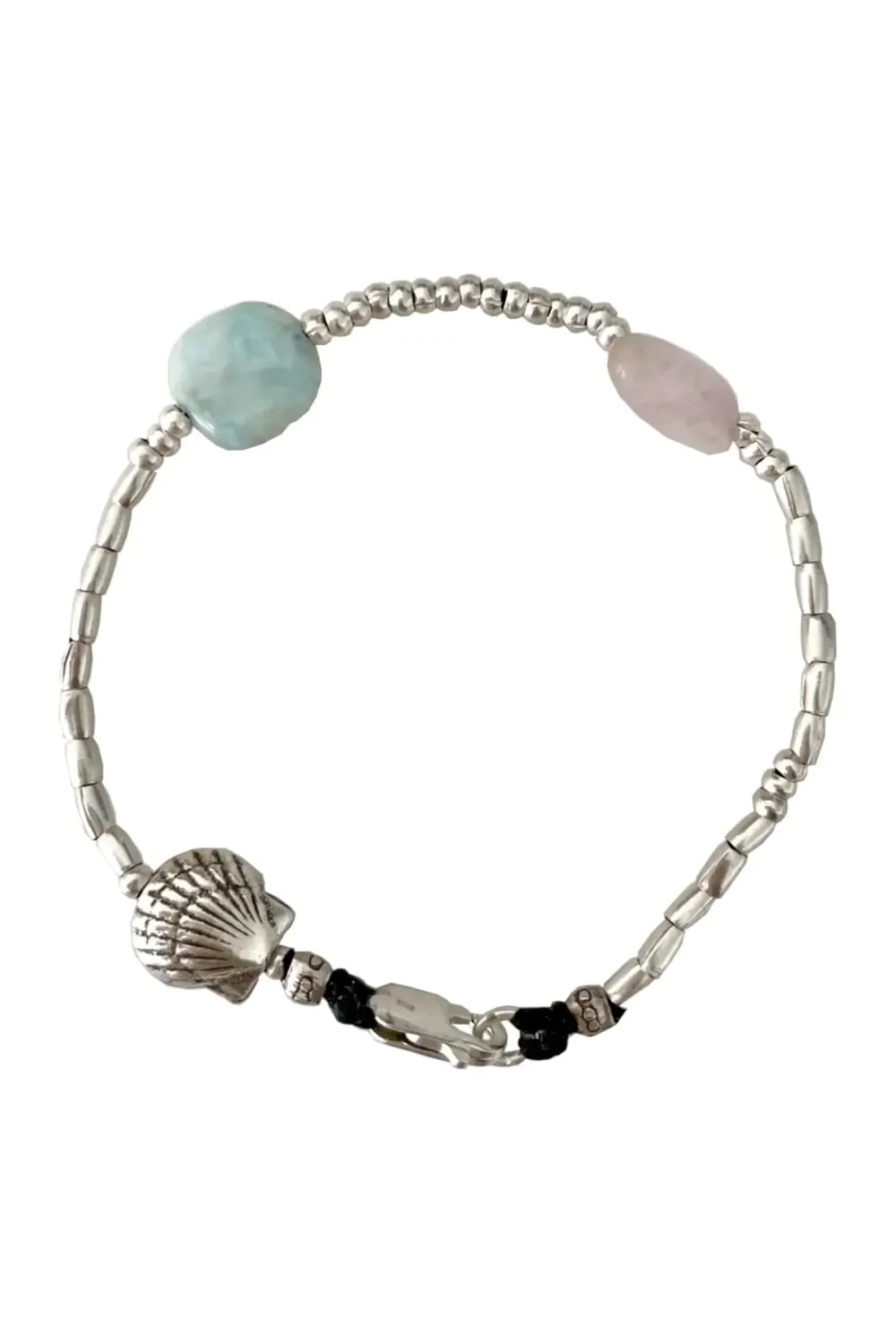 summer style bracelet with pure silver and Larimar gemstone + kunzite gemstone. featuring a clam shell detail. ocean safe and tug proof. perfect for active mums
