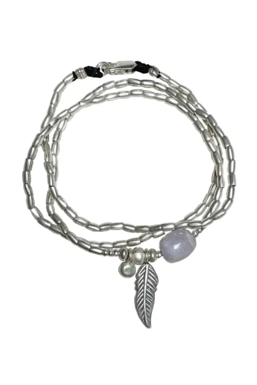 ocean inspired silver jewellery. Pure silver wrap bracelet with silver feather charm and kunzite gemstone - for a beach vibes look- water safe for everyday wear. 3 styles in 1