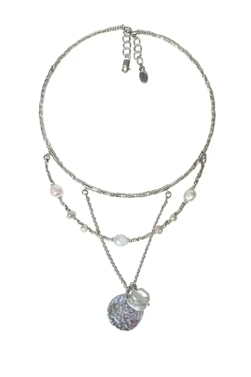 3 necklaces in one. An instant necklace stack. memory wire pure silver combined with freshwater pearls and a sterling silver chain with sterling silver disc and floating pearl. A handmade one of a kind necklace, made tin australia