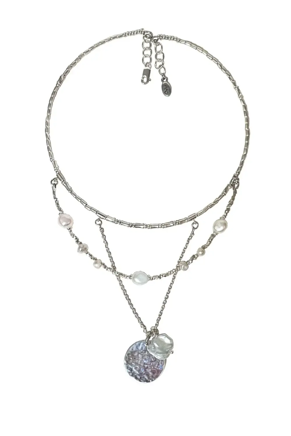 3 necklaces in one. An instant necklace stack. memory wire pure silver combined with freshwater pearls and a sterling silver chain with sterling silver disc and floating pearl. A handmade one of a kind necklace, made tin australia