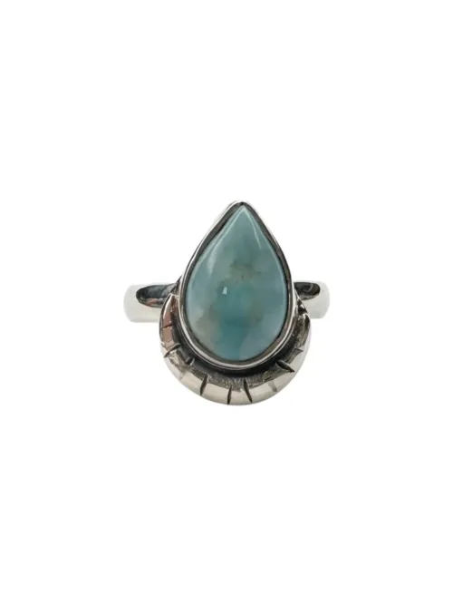 Larimar tear drop gemstone with small silver crescent. Bohemian style sterling silver ring. Ocean safe.