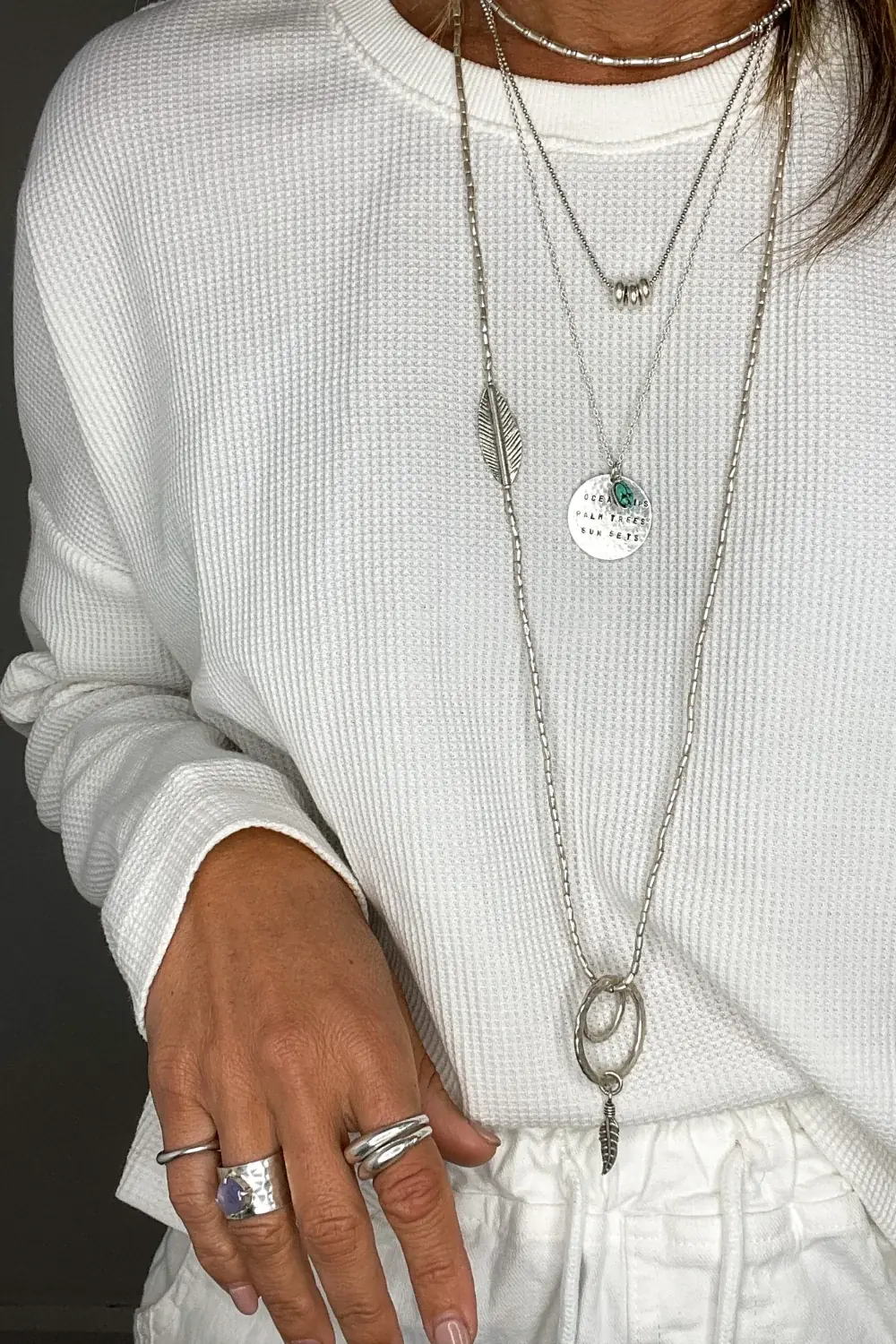 sterling silver necklace stack handmade disc necklace. ocean dips, palm trees, sun sets hand stamped disc