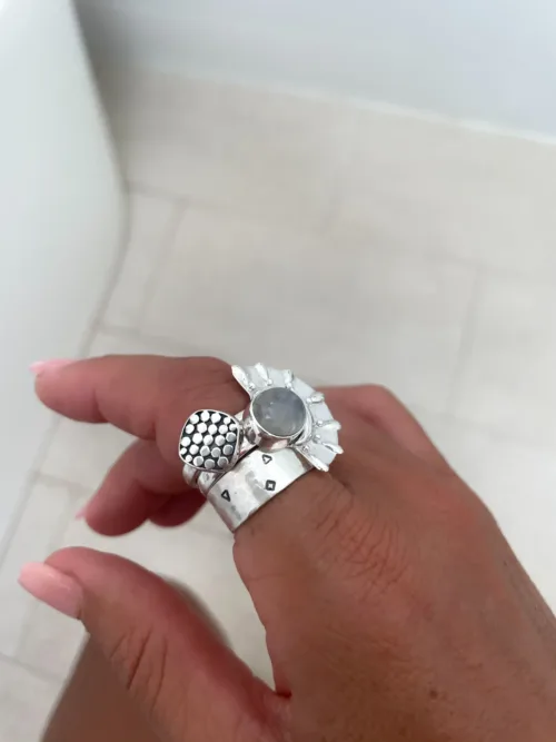 sterling silver moon stone ring with a silver crescent moon and silver fab. Unique silver ring - ocean safe