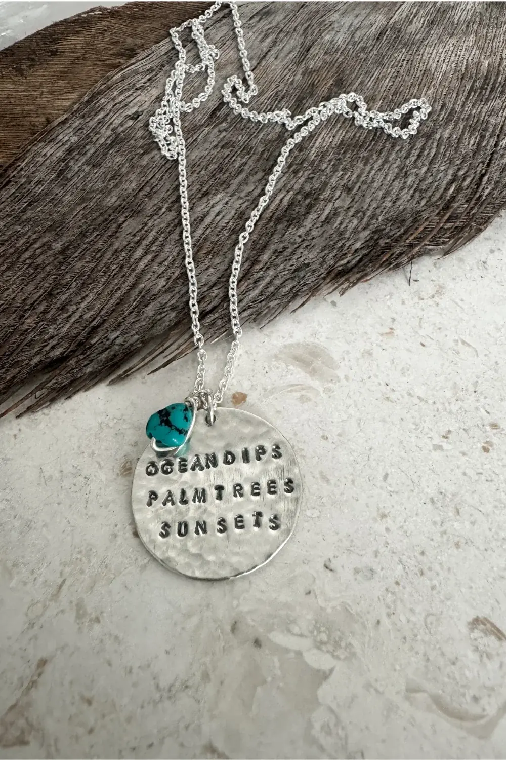 ocean inspired silver necklace. ocean dips palm trees sun sets hand made sterling silver necklace