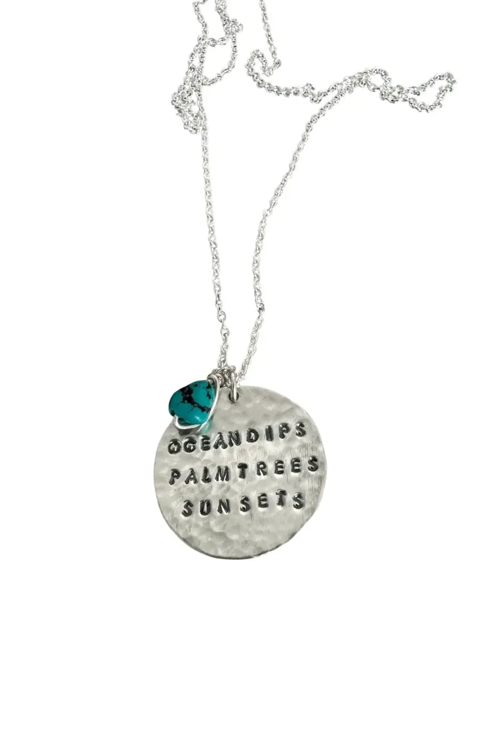 ocean inspired silver necklace. ocean dips palm trees sun sets hand made sterling silver necklace