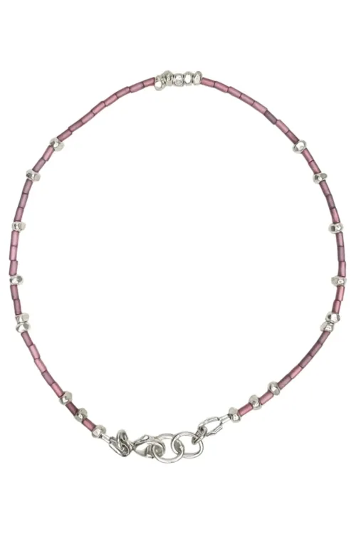 dusty pink and silver seed bead anklet. Minimal style design.