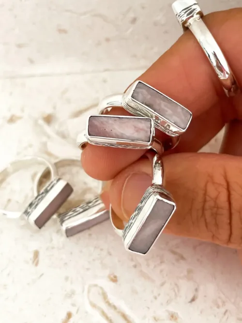 sterling silver ring with pink opal gemstone. Signet style ring. Ocean safe