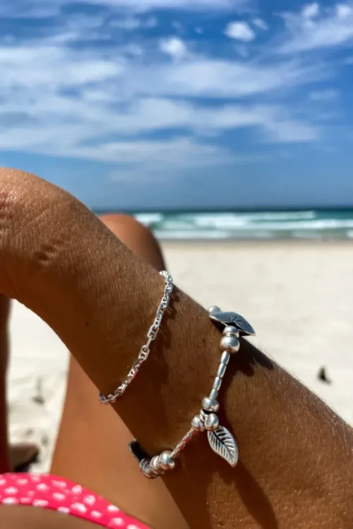 pure silver women's bracelet. heart and shell details - ocean safe. beach girl vibes