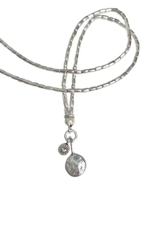 hand stamped mum pendant handmade pure silver necklace perfect for mothers day ocean safe and tug proof for active mums. Customisable hand stamped handmade sterling-silver blob pendant necklace