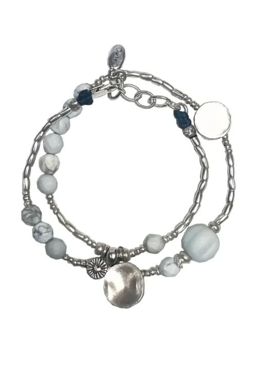 Pure silver wrap bracelet combined with white washed agate gemstone beads - for a beach vibes look- water safe for everyday wear.
