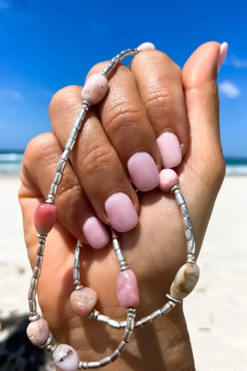 pink opal pure silver triple wrap bracelet - 3 styles in 1 bracelet, anklet, necklace. water safe