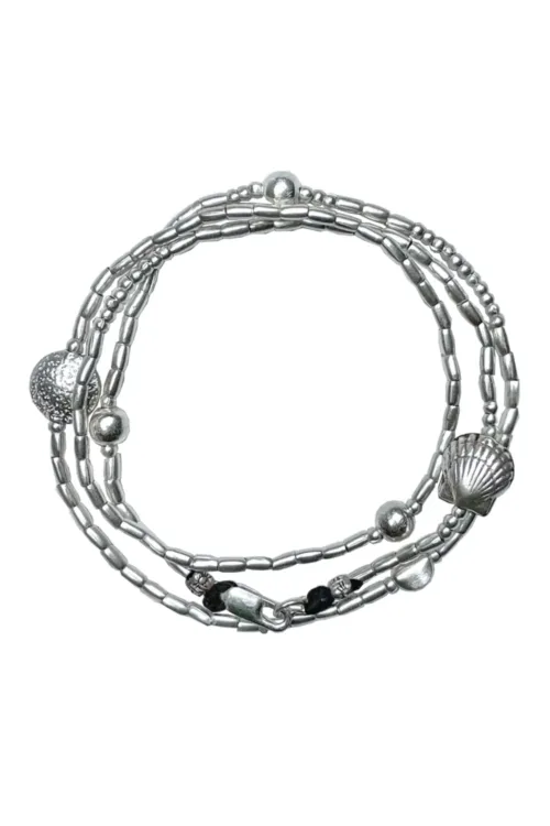 ocean inspired silver jewellery. Pure silver wrap bracelet with clam shell for a beach vibes look- water safe for everyday wear. 3 styles in 1