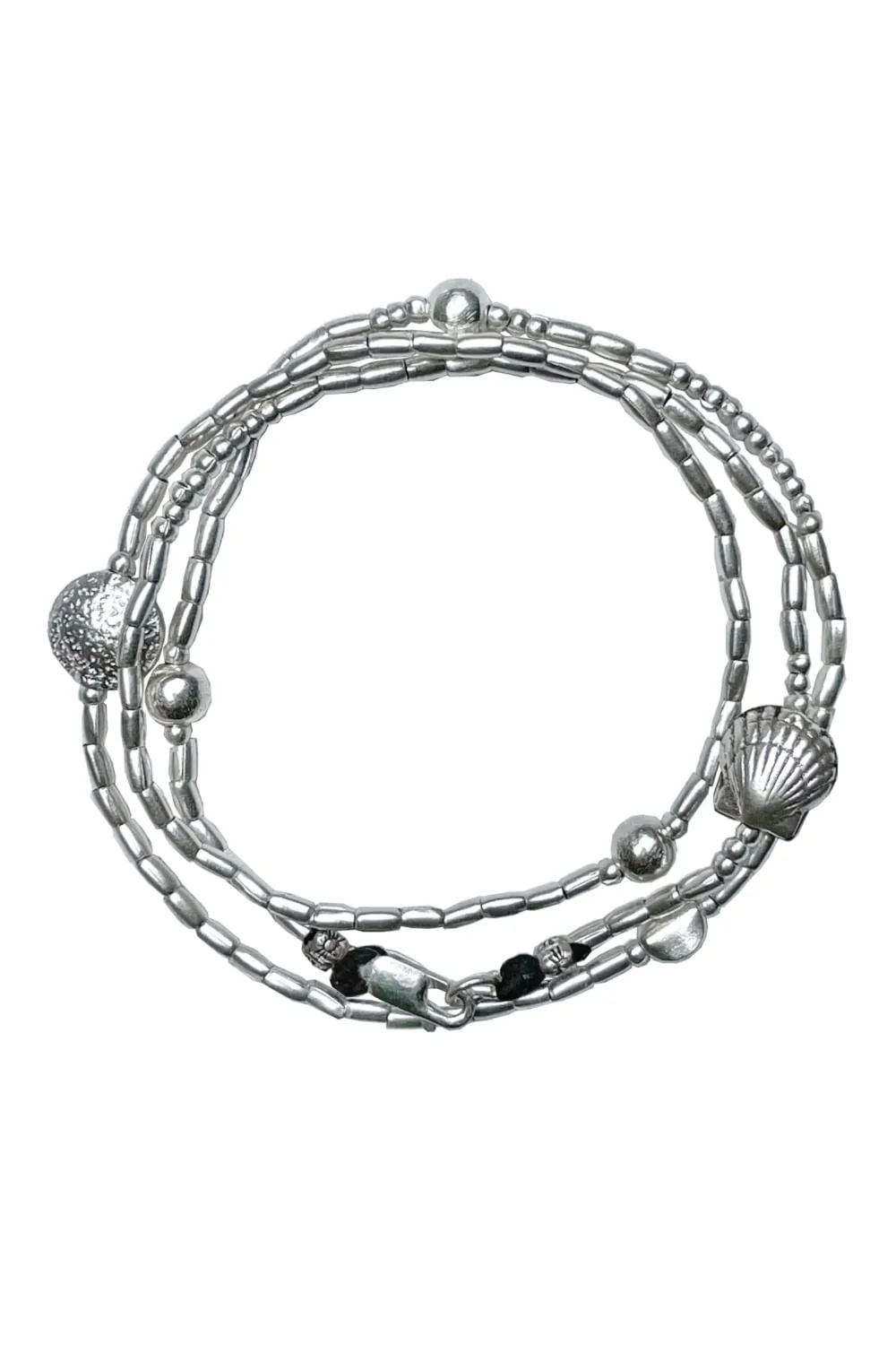 ocean inspired silver jewellery. Pure silver wrap bracelet with clam shell for a beach vibes look- water safe for everyday wear. 3 styles in 1