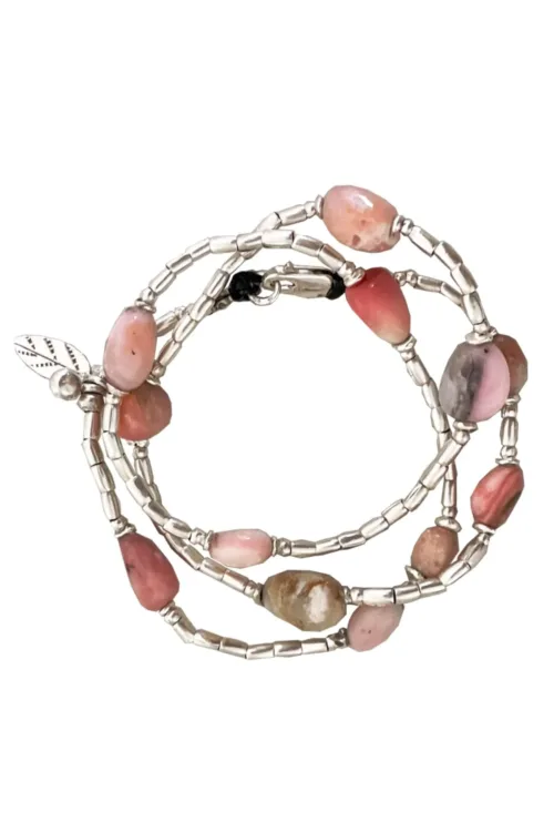 pink opal pure silver triple wrap bracelet - 3 styles in 1 bracelet, anklet, necklace. water safe