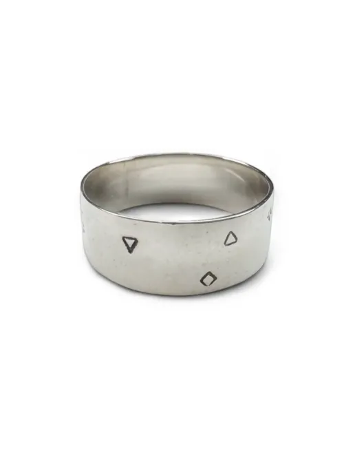 sterling silver minimal wide band ring with hand stamped geometry symbols
