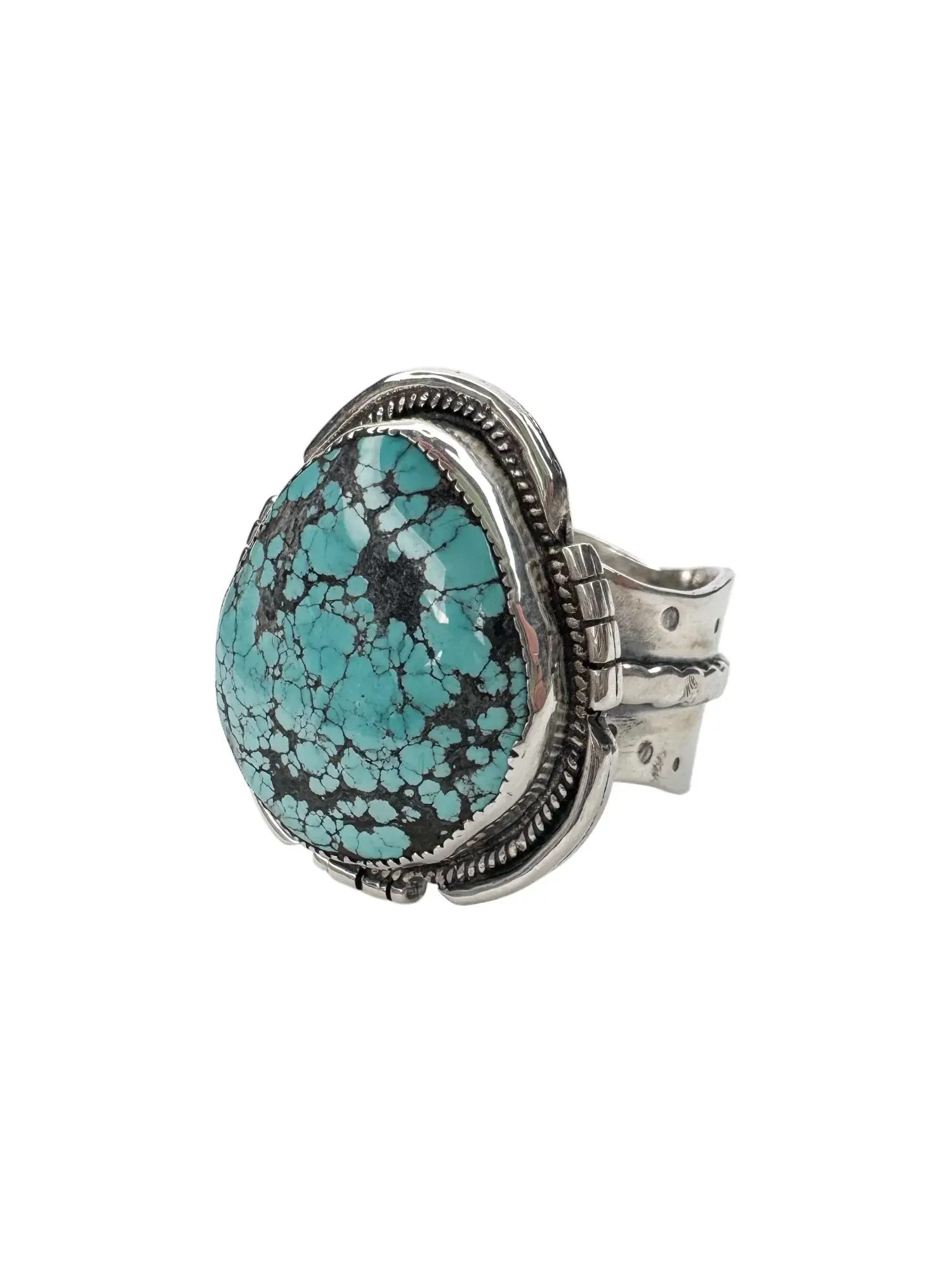 bohemian style large turquoise handmade sterling silver ring. with wide sterling silver ring shank. Ocean safe