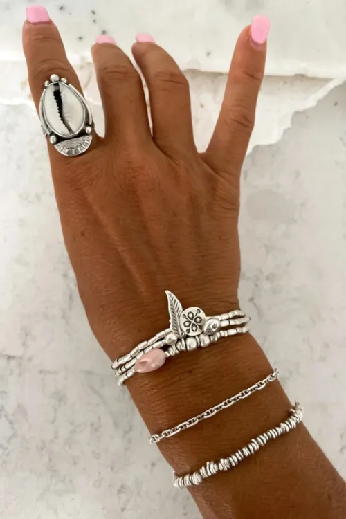 ocean inspired silver jewellery. Pure silver wrap bracelet with silver charms and pink opal gemstone - for a beach vibes look- water safe for everyday wear. 3 styles in 1