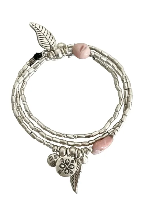 ocean inspired silver jewellery. Pure silver wrap bracelet with silver charms and pink opal gemstone - for a beach vibes look- water safe for everyday wear. 3 styles in 1
