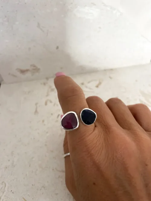 pink sapphire and lolite rose cut gemstone sterling silver split ring ocean safe. handmade in Australia