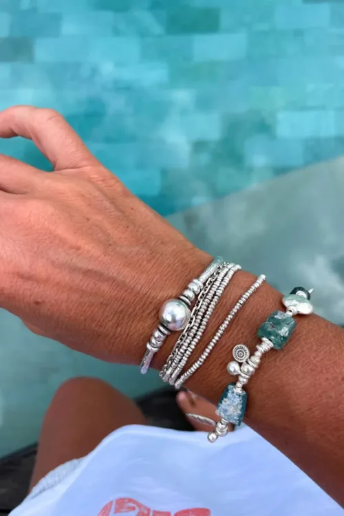 Handmade pure silver bracelet featuring ancient glass beads – ocean safe jewellery for everyday wear