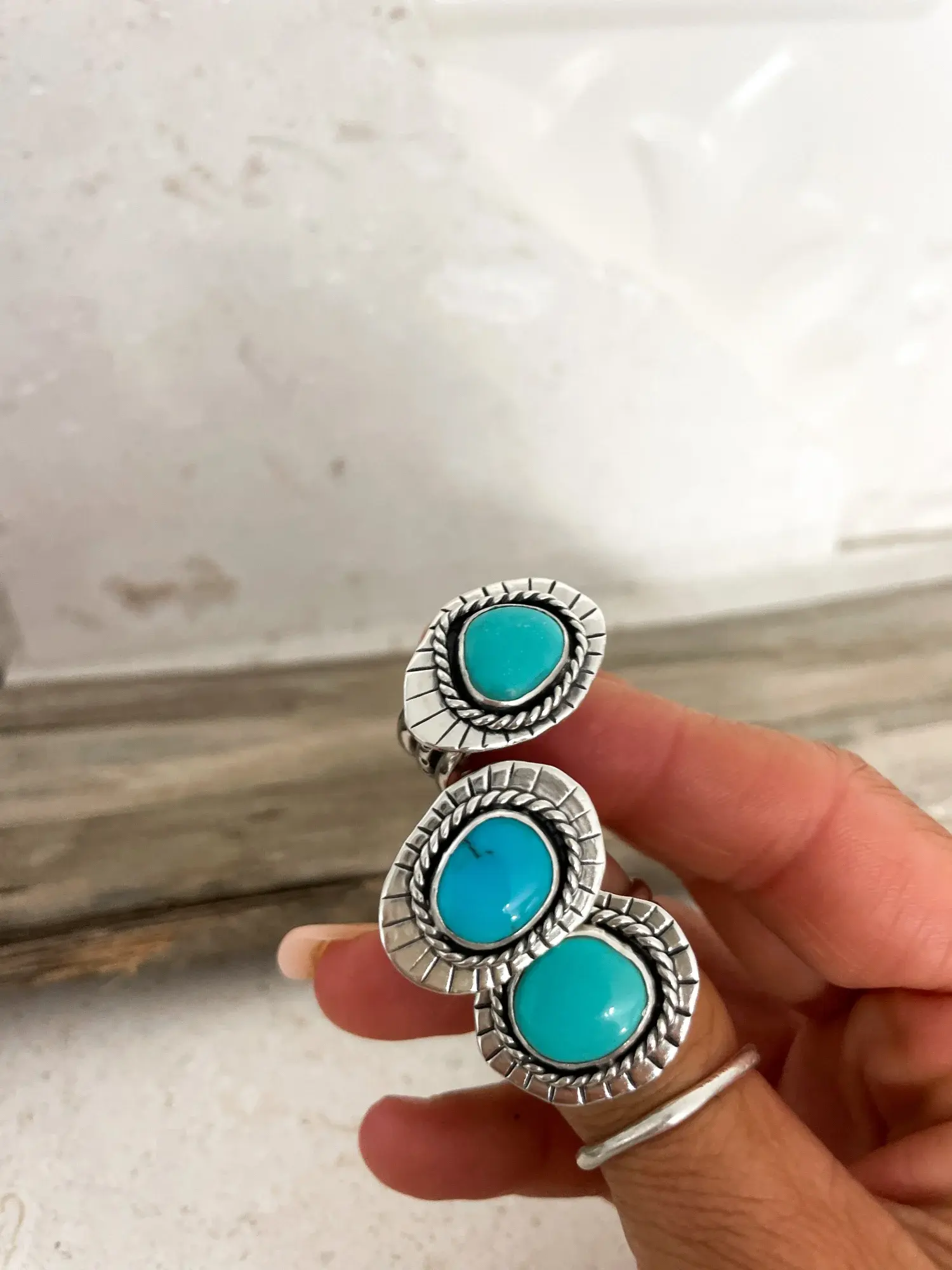 handmade silver disc rings with wide band silver shanks blue turquoise gematones handmade in australia ocean safe