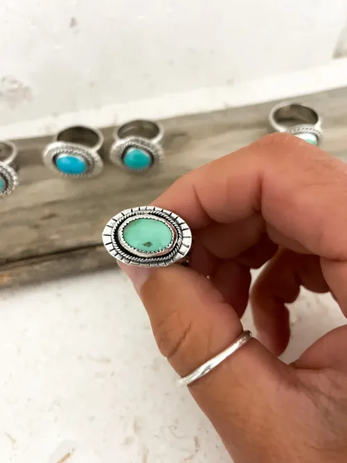 green variscite gemstone silver ring. Handmade in australia. Oval silver disc with wide silver ring shank. Ocean safe