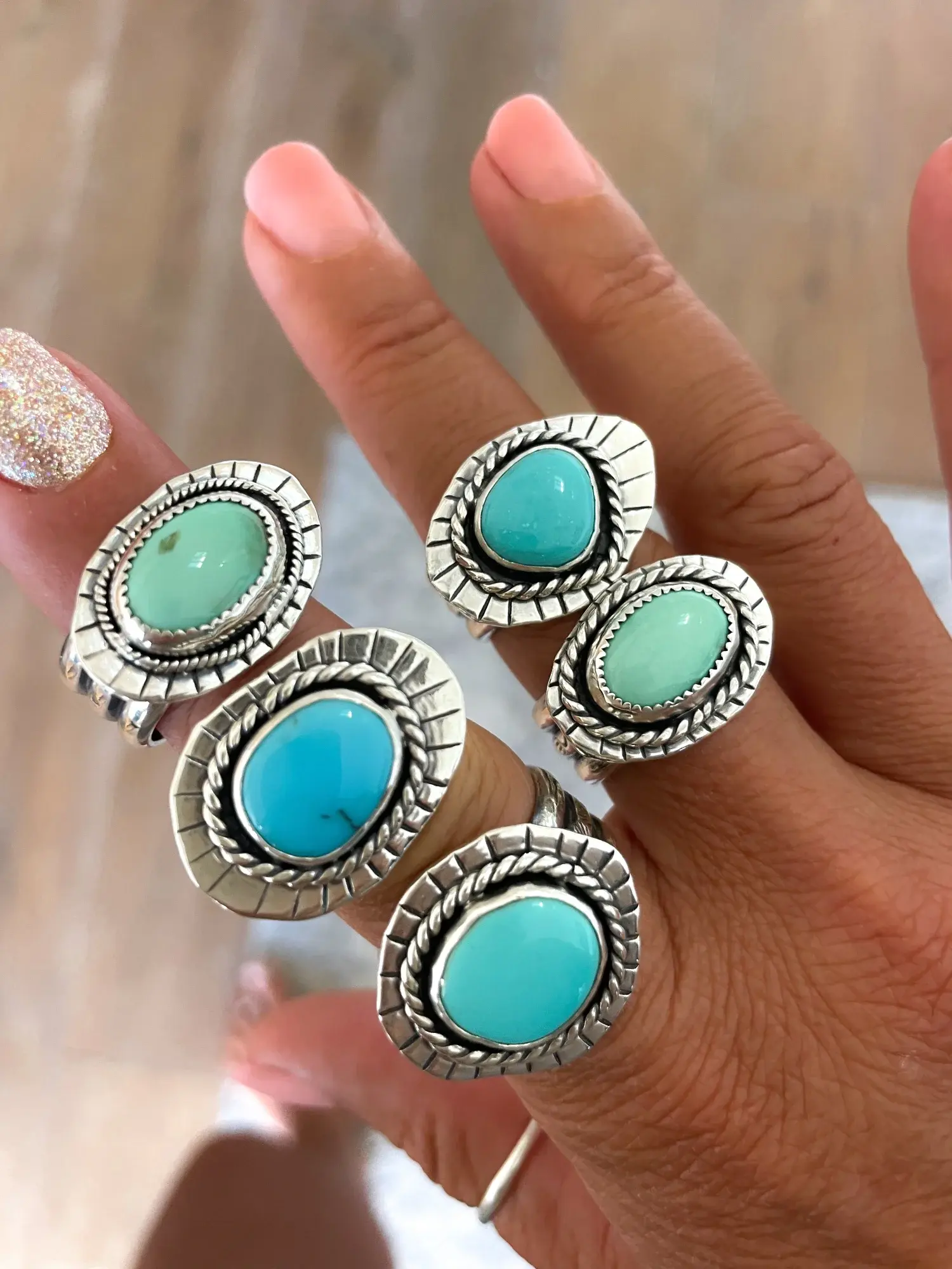 handmade silver disc rings with wide band silver shanks green variscite and turquoise gematones handmade in australia ocean safe
