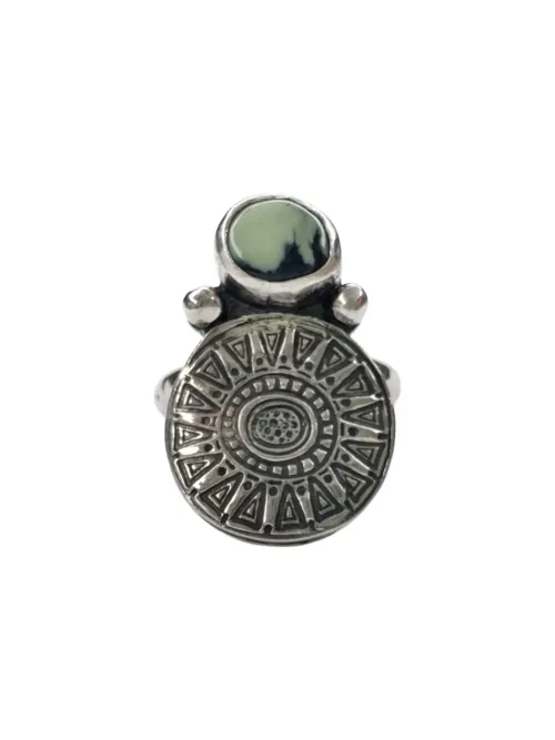 tribal silver round disc with small green variscite gemstone. Handmade sterling silver ring ocean safe