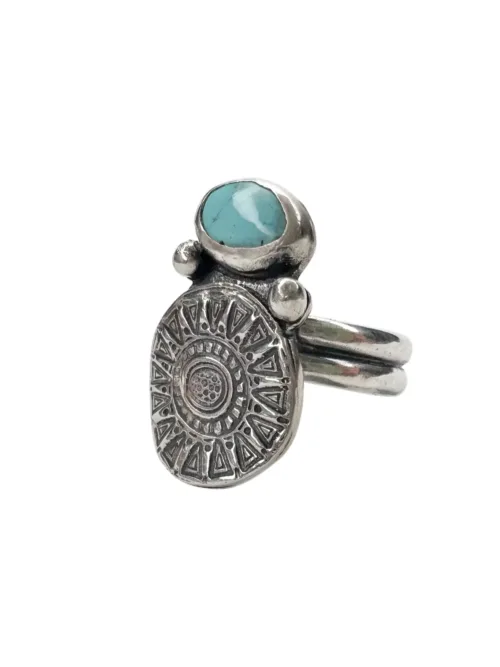tribal silver round disc with small blue turquoise handmade sterling silver ring ocean safe