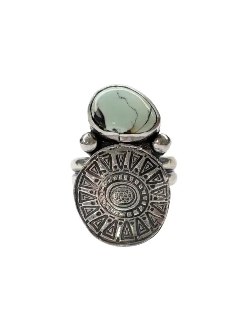 tribal silver round disc with small green variscite gemstone. Handmade sterling silver ring ocean safe