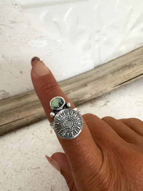 tribal silver round disc with small green variscite gemstone. Handmade sterling silver ring ocean safe