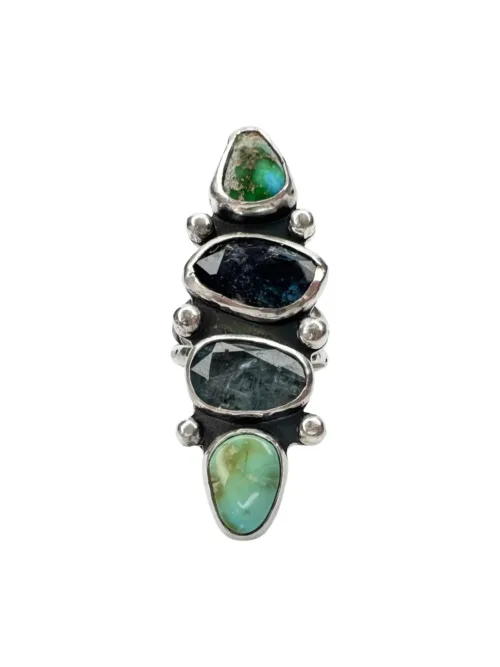 4 srone turquoise and kyanite gemstone feature silver ring natural green and blue turquoise handmade ring