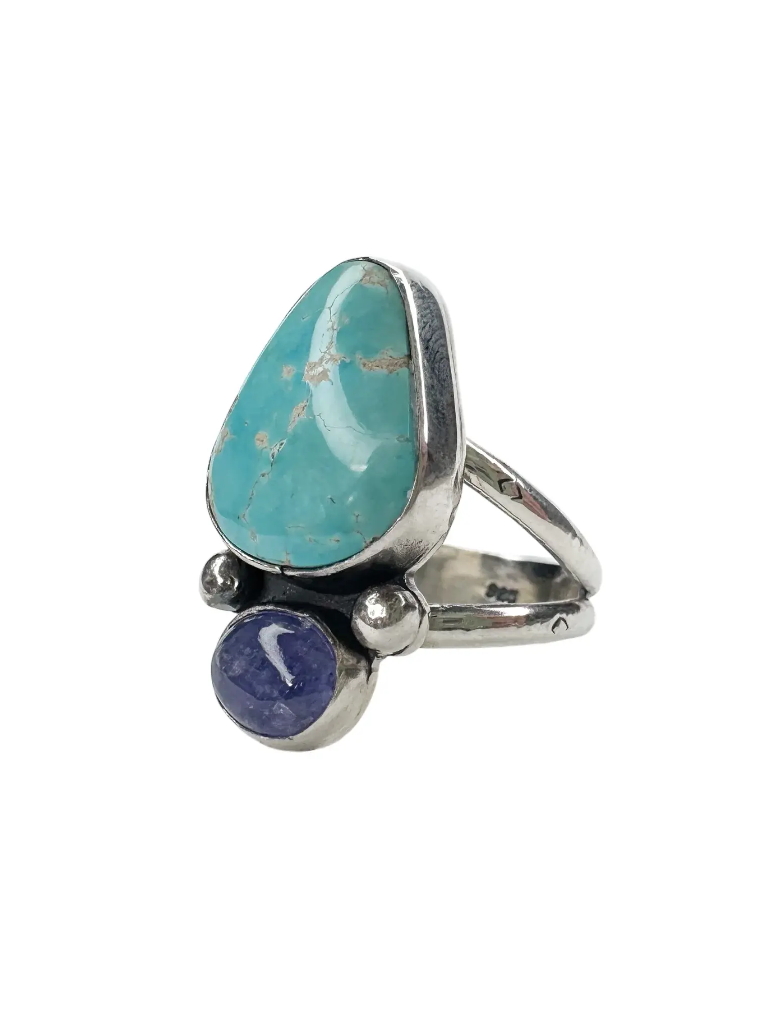 turquoise and purple tanzanite gemstone handmade sterling silver ring