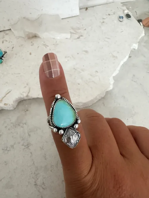 unique gemstone silver ring with authentic turquoise. Handmade sterling silver ring with large turquoise gemstones one of a kind