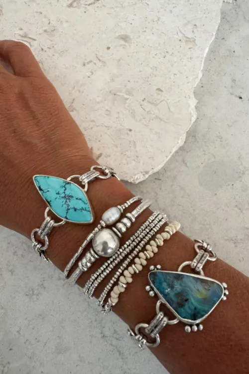 Handmade sterling silver round chain link bracelet featuring large Australian solid Boulder Opal-handmade in Australia by Rico Designs Jewellery