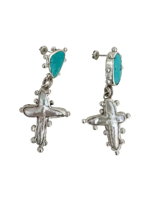 turquoise stud earrings with freshwater pearl cross - handmade by Rico Designs Silver Jewellery