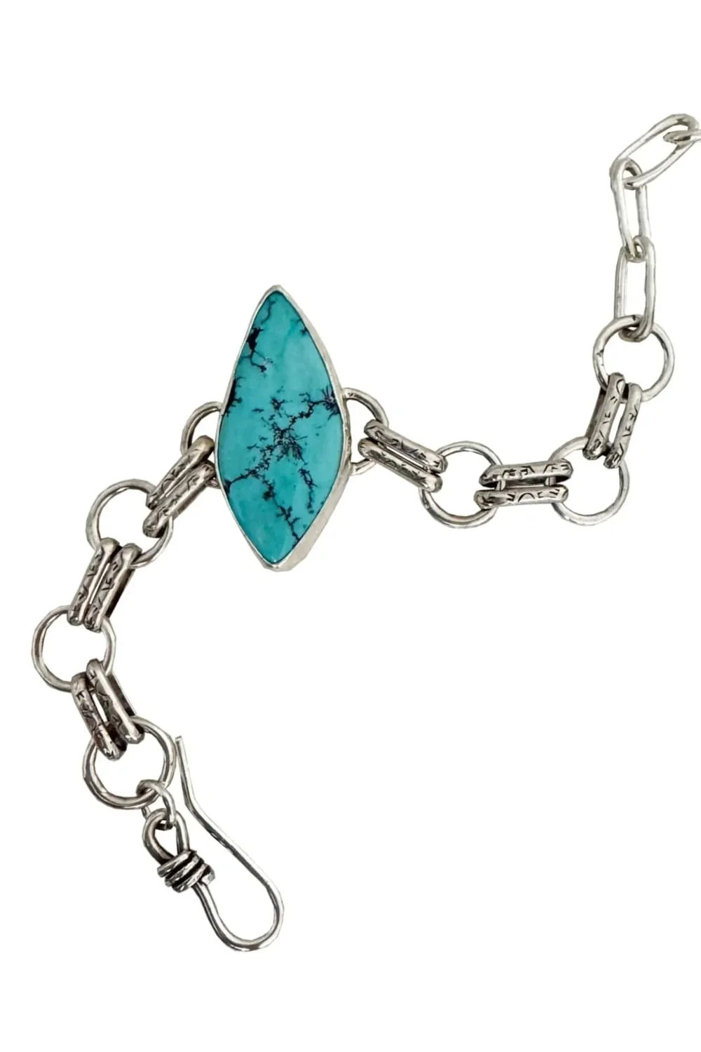 Handmade sterling silver round chain link bracelet featuring large genuine turquoise gemstone-handmade in Australia by Rico Designs Jewellery
