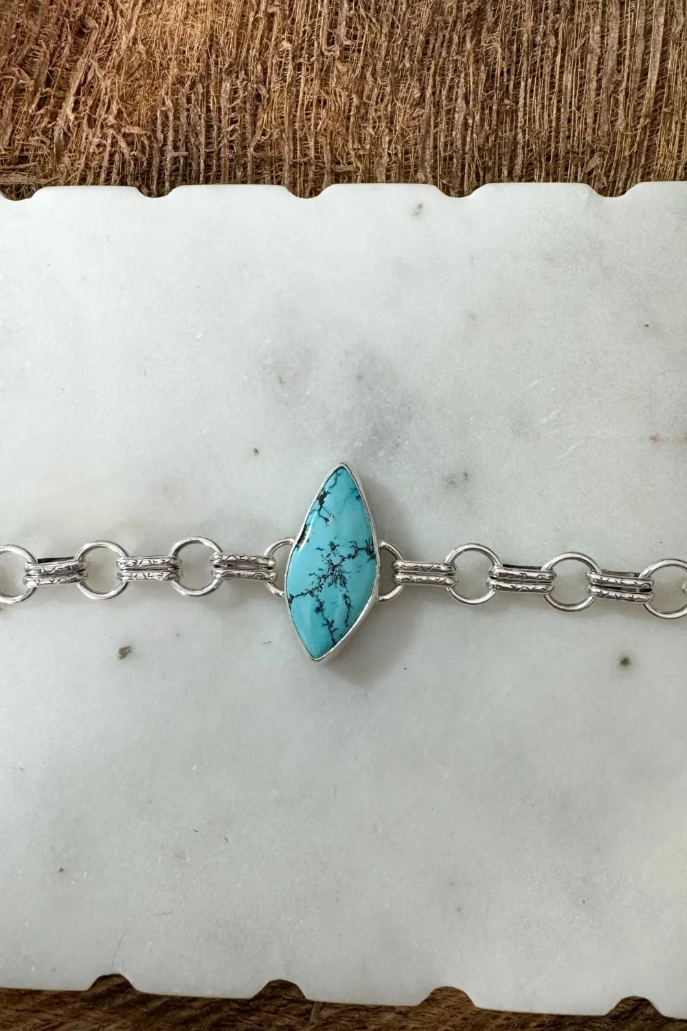 Handmade sterling silver round chain link bracelet featuring large genuine turquoise gemstone-handmade in Australia by Rico Designs Jewellery