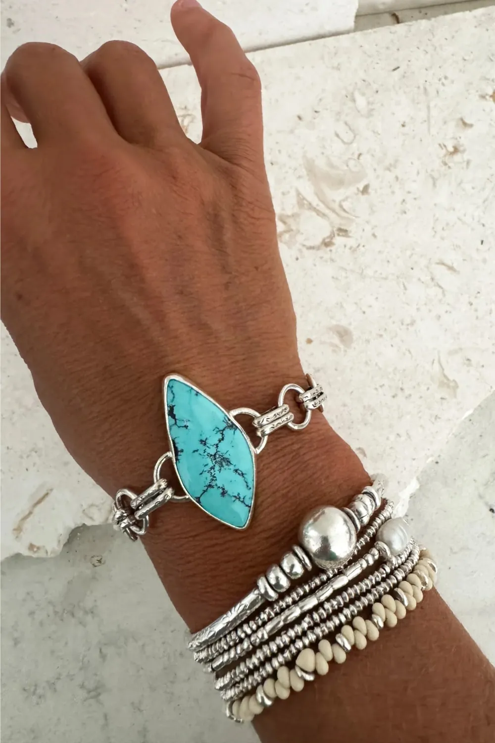 Handmade sterling silver round chain link bracelet featuring large genuine turquoise gemstone-handmade in Australia by Rico Designs Jewellery