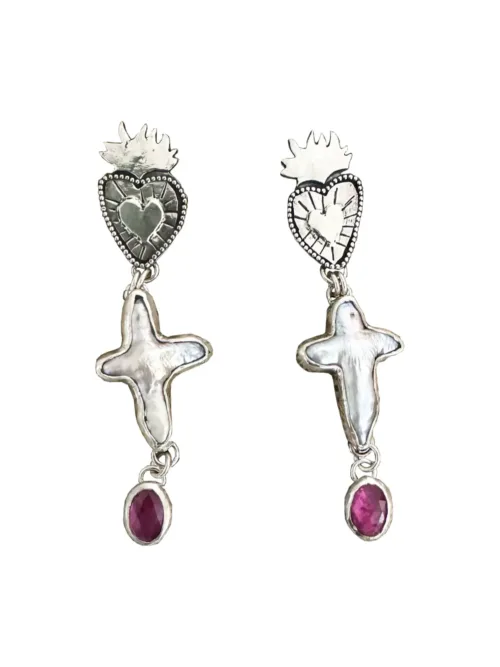 flaming hearts stud earrings - handmade sterling silver heart studs with freshwater pearl cross and pink tourmaline drop